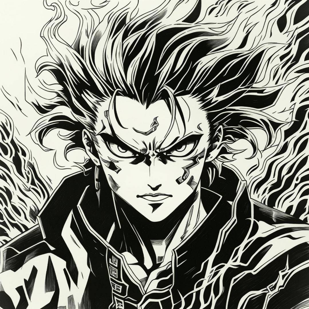 Black and white pencil drawing headshot of Demon Slayer's Rengoku Kyojuro in 90s anime style.