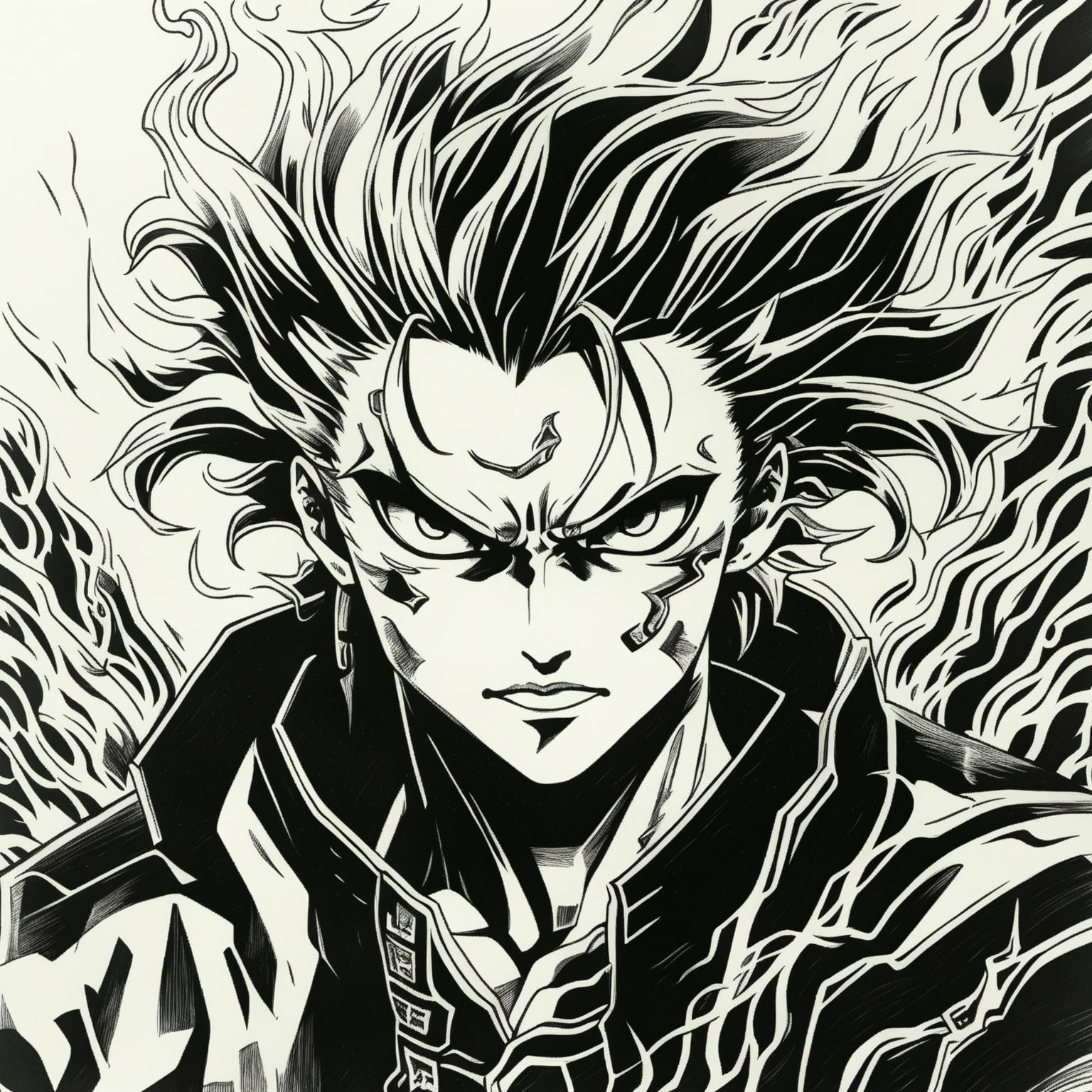 Black and white pencil drawing headshot of Demon Slayer's Rengoku Kyojuro in 90s anime style.