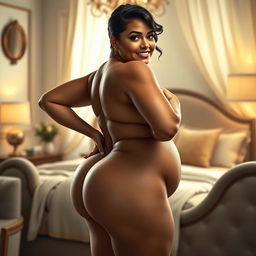 An ultra-realistic depiction of a curvy woman with big breasts, a prominent rear, and a wide waist