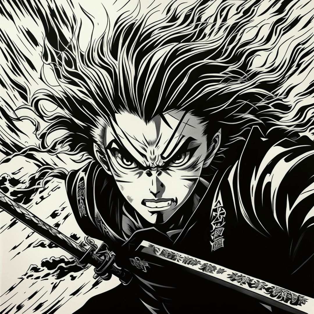 Highly detailed black and white pencil drawing of Demon Slayer's Rengoku Kyojuro with katana and scream headshot in 90s anime style.