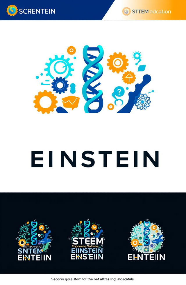 A logo design featuring the words 'STEM EINSTEIN' prominently displayed, with elements that represent Science, Technology, Engineering, and Mathematics