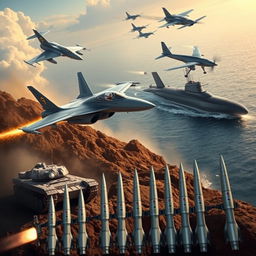 A thrilling and detailed scene showcasing modern military assets, including a sleek fighter jet soaring through the sky, a powerful tank on rugged terrain, a cutting-edge submarine partially submerged in the ocean, advanced military drones flying in precision formation above, and a series of missiles lined up ready for launch