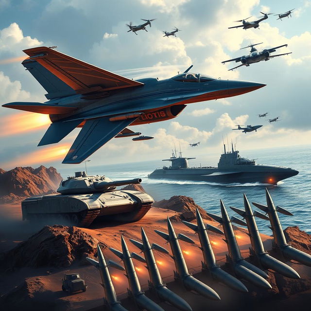 A thrilling and detailed scene showcasing modern military assets, including a sleek fighter jet soaring through the sky, a powerful tank on rugged terrain, a cutting-edge submarine partially submerged in the ocean, advanced military drones flying in precision formation above, and a series of missiles lined up ready for launch