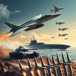 A thrilling and detailed scene showcasing modern military assets, including a sleek fighter jet soaring through the sky, a powerful tank on rugged terrain, a cutting-edge submarine partially submerged in the ocean, advanced military drones flying in precision formation above, and a series of missiles lined up ready for launch