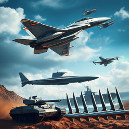 A thrilling and detailed scene showcasing modern military assets, including a sleek fighter jet soaring through the sky, a powerful tank on rugged terrain, a cutting-edge submarine partially submerged in the ocean, advanced military drones flying in precision formation above, and a series of missiles lined up ready for launch