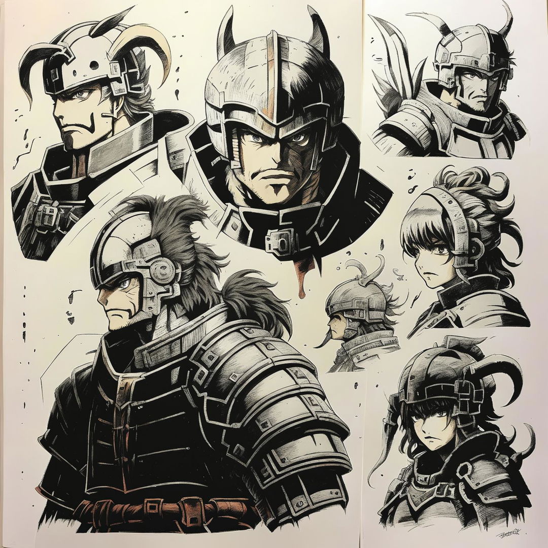 Detailed pencil sketches of characters from Berserk, inspired by 90s anime style, black and white.