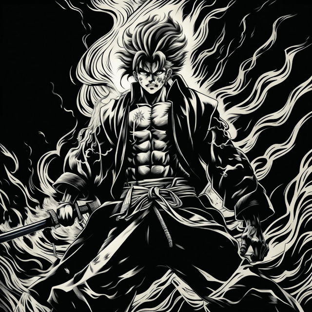 A detailed pencil drawing of Demon Slayer's Rengoku in a 90s anime style reminiscent of Berserk, rendered entirely in black and white.