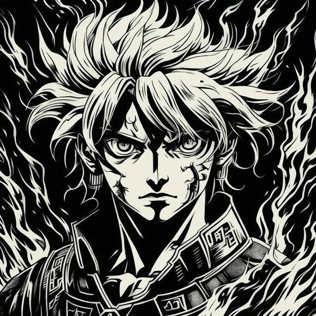 A detailed pencil sketch headshot of Demon Slayer's Rengoku in a 90s anime style reminiscent of Berserk, rendered entirely in black and white with heightened contrast for a fiery effect.