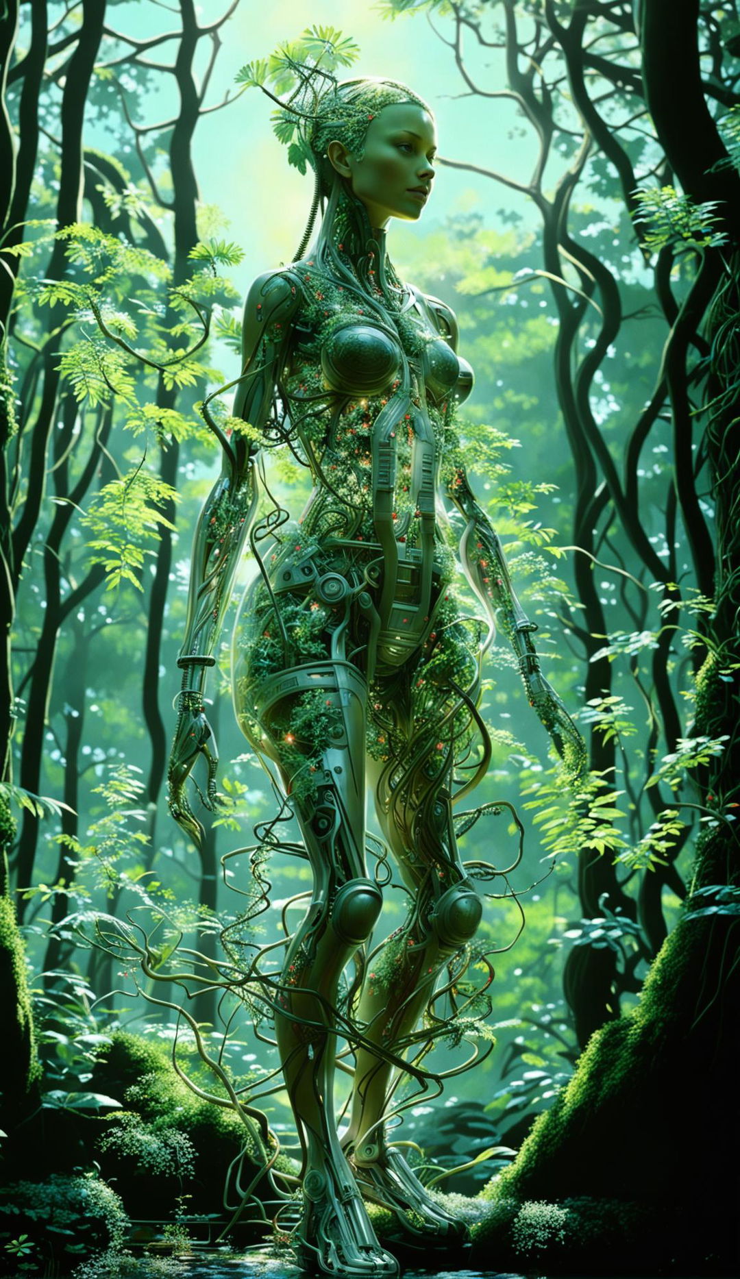 A techno-organic woman in a forest, her body a fusion of glass, plants, and robotics. She is connected to the surrounding trees through robotic tendrils. The image is unfiltered and photo-realistic.