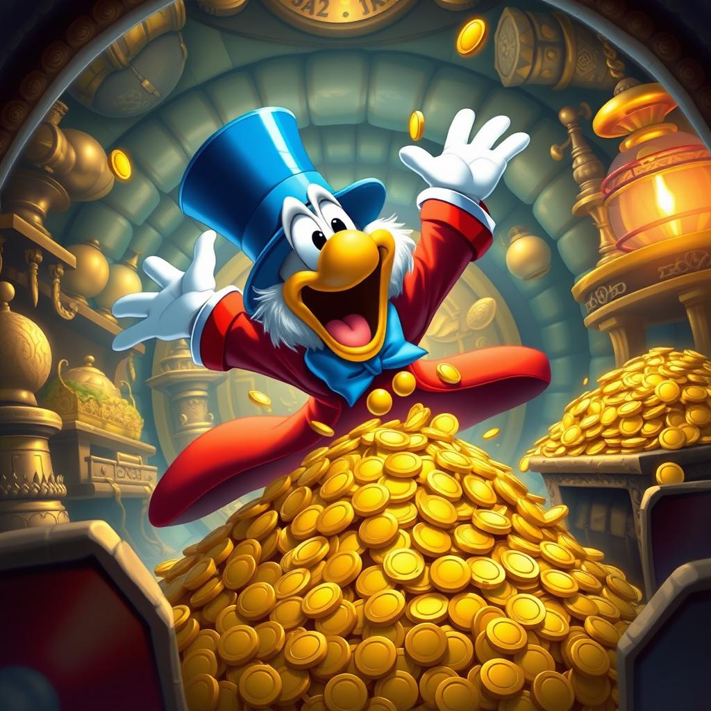 An adventurous scene featuring Tio Patinhas (Uncle Scrooge) in his iconic blue top hat and red coat, joyfully diving into a huge pile of gold coins in his legendary vault