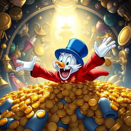 An adventurous scene featuring Tio Patinhas (Uncle Scrooge) in his iconic blue top hat and red coat, joyfully diving into a huge pile of gold coins in his legendary vault