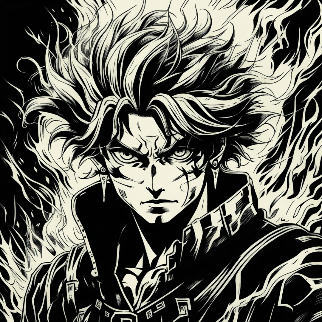 A raw pencil sketch headshot of an older, seasoned veteran Rengoku in his 30s from Demon Slayer, in a 90s Berserk anime style, filled with expressive pencil lines and fiery hair.