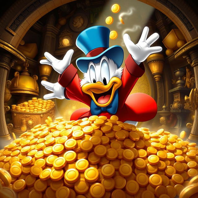 An adventurous scene featuring Tio Patinhas (Uncle Scrooge) in his iconic blue top hat and red coat, joyfully diving into a huge pile of gold coins in his legendary vault