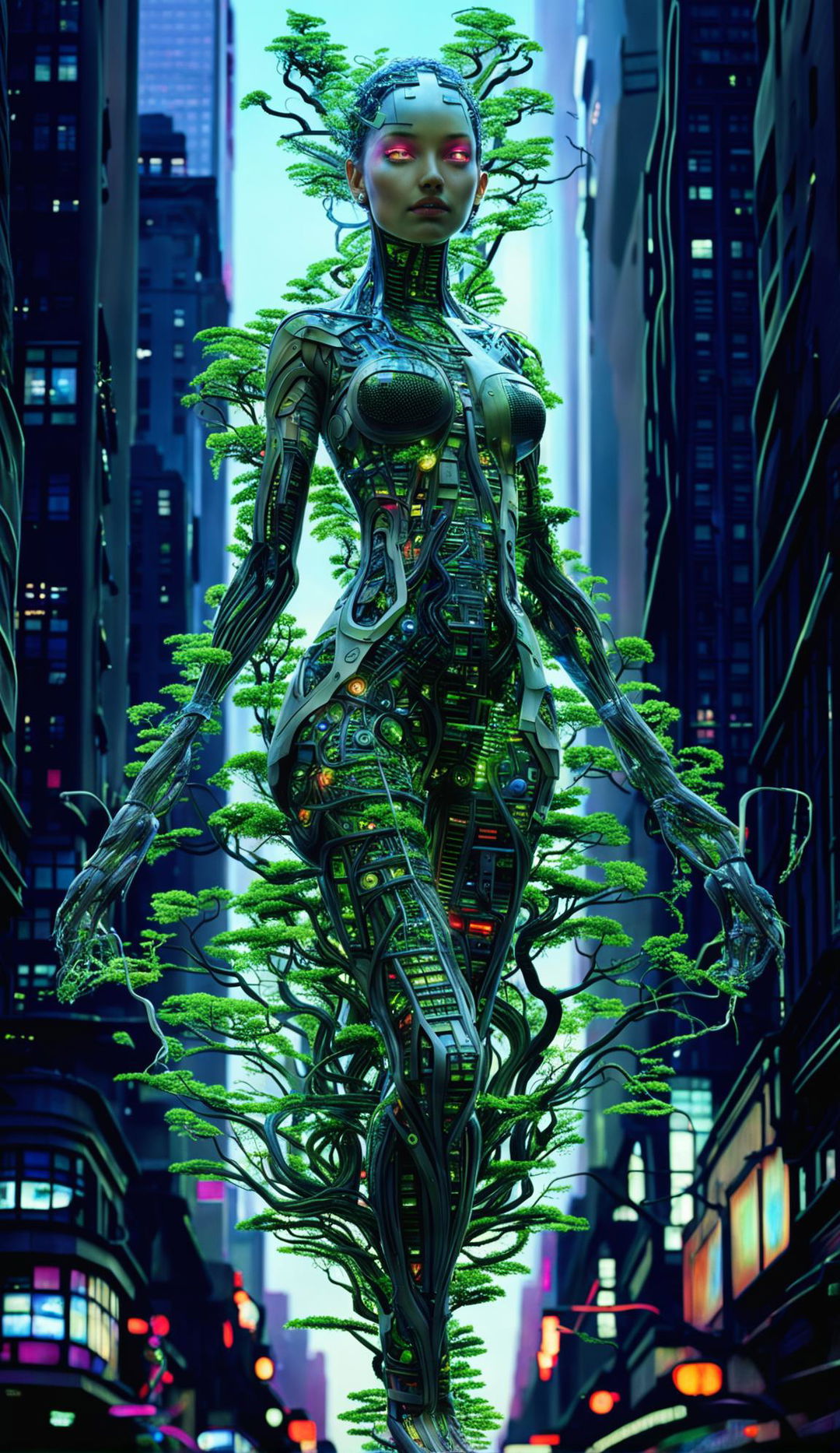 A techno-organic woman in a cyber-organic city, her body a fusion of glass, plants, and robotics. She is connected to the surrounding urban ecosystem through robotic tendrils. The image is unfiltered and photo-realistic.