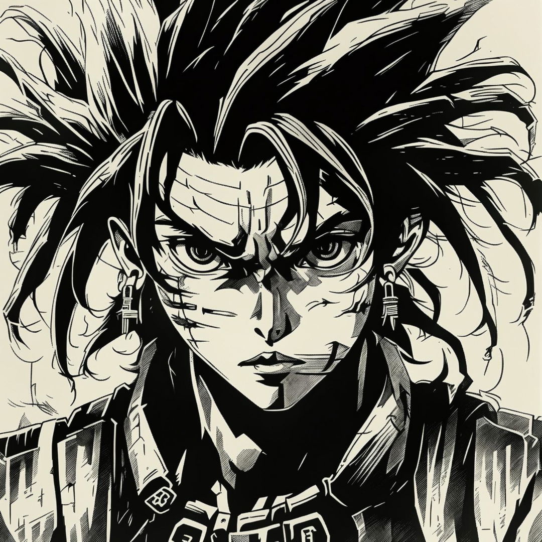 A detailed pencil sketch of Demon Slayer's Rengoku in 90s anime style, featuring intense eyes, fiery hair, traditional earrings, and cross-hatching for depth.