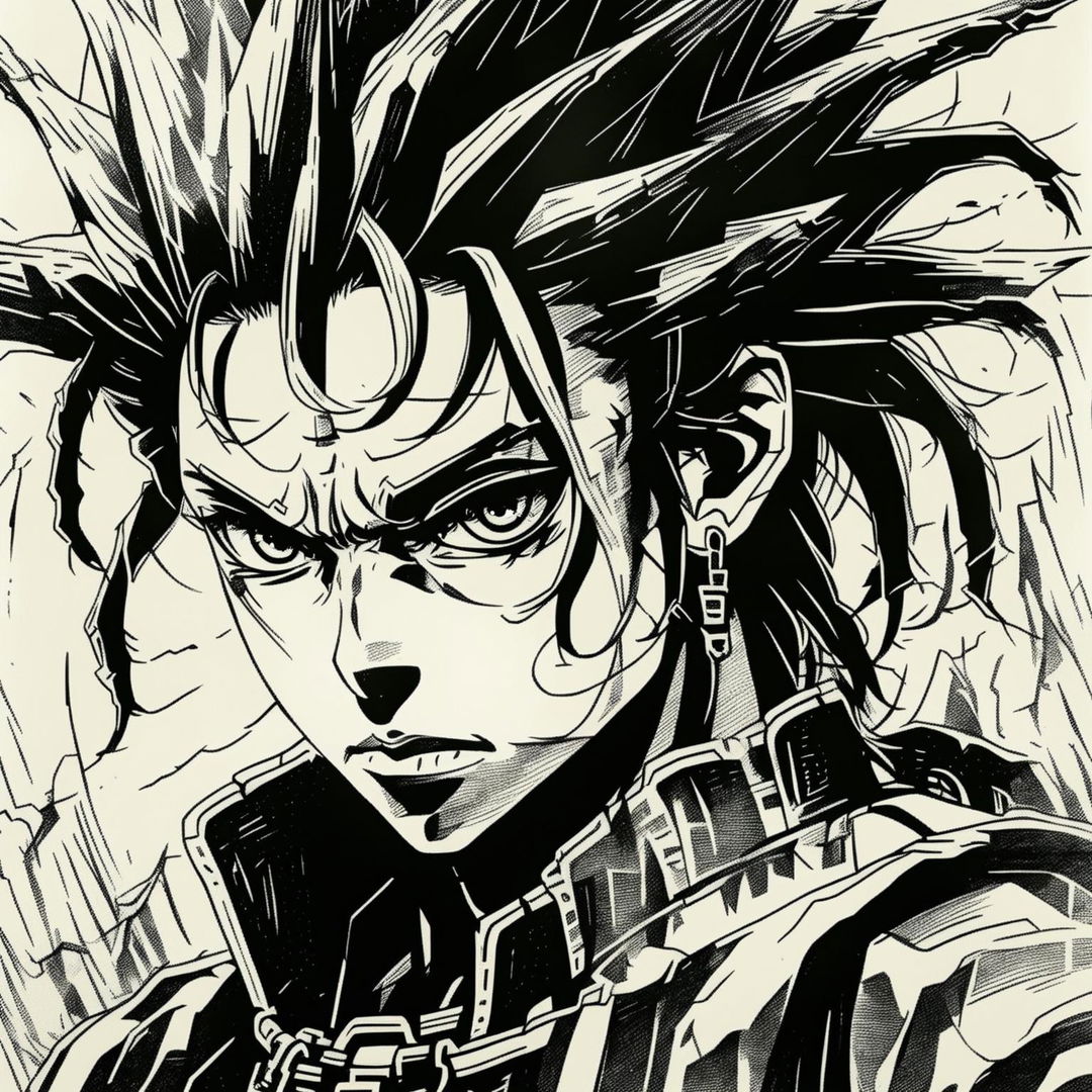 A detailed pencil sketch of Demon Slayer's Rengoku with fiery hair in 90s anime style, featuring intense eyes, traditional earrings, and cross-hatching for depth.