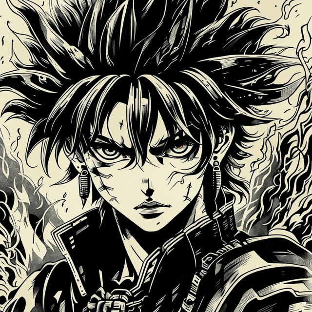 A detailed pencil sketch of Demon Slayer's Rengoku with fiery hair in 90s anime style, featuring intense eyes, traditional earrings, and a blazing fire in the background.