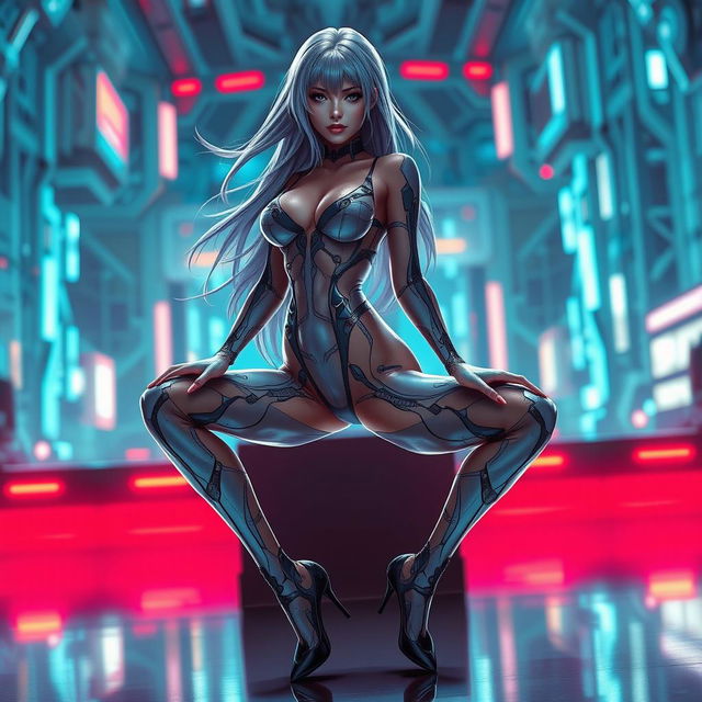 A sexy woman in a translucent form-fitting suit resembling a Rei Ayanami-style plug suit, featuring intricate details and futuristic design elements