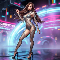 A sexy woman in a translucent form-fitting suit resembling a Rei Ayanami-style plug suit, featuring intricate details and futuristic design elements