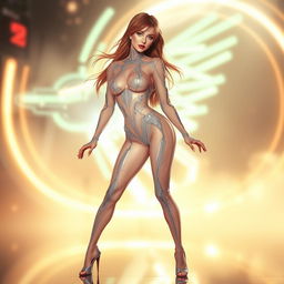 A sexy woman in a translucent form-fitting suit reminiscent of Rei Ayanami’s plug suit from Evangelion, featuring intricate and sleek design elements