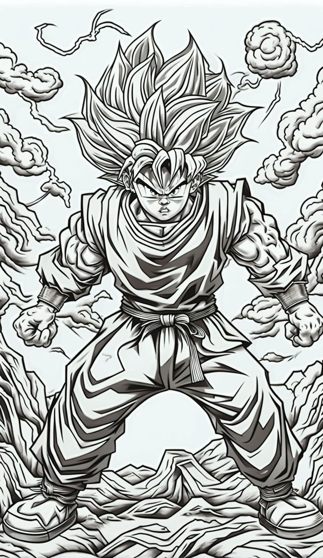 Black and white line art of Goku in fighting stance for a children's coloring book, with detailed hair, Gi uniform, boots and wristbands against a minimalistic background of clouds and mountains.