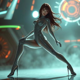 A sexy woman in a translucent form-fitting suit reminiscent of Rei Ayanami’s plug suit from Evangelion, featuring intricate and sleek design elements