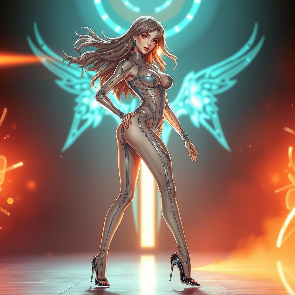 A sexy woman in a translucent form-fitting suit reminiscent of Rei Ayanami’s plug suit from Evangelion, featuring intricate and sleek design elements