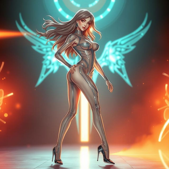 A sexy woman in a translucent form-fitting suit reminiscent of Rei Ayanami’s plug suit from Evangelion, featuring intricate and sleek design elements