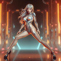 A sexy woman in a translucent form-fitting suit reminiscent of Rei Ayanami’s plug suit from Evangelion, featuring intricate and sleek design elements