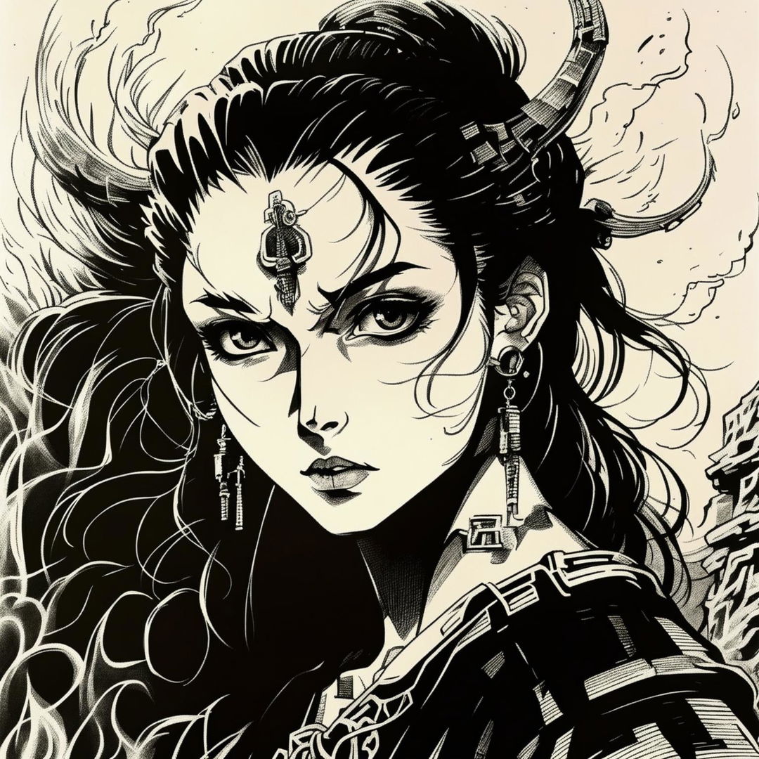 A detailed pencil sketch of a woman, imagined as Rengoku's wife, in 90s anime style with fiery hair, intense eyes, traditional earrings, and a blazing fire in the background.