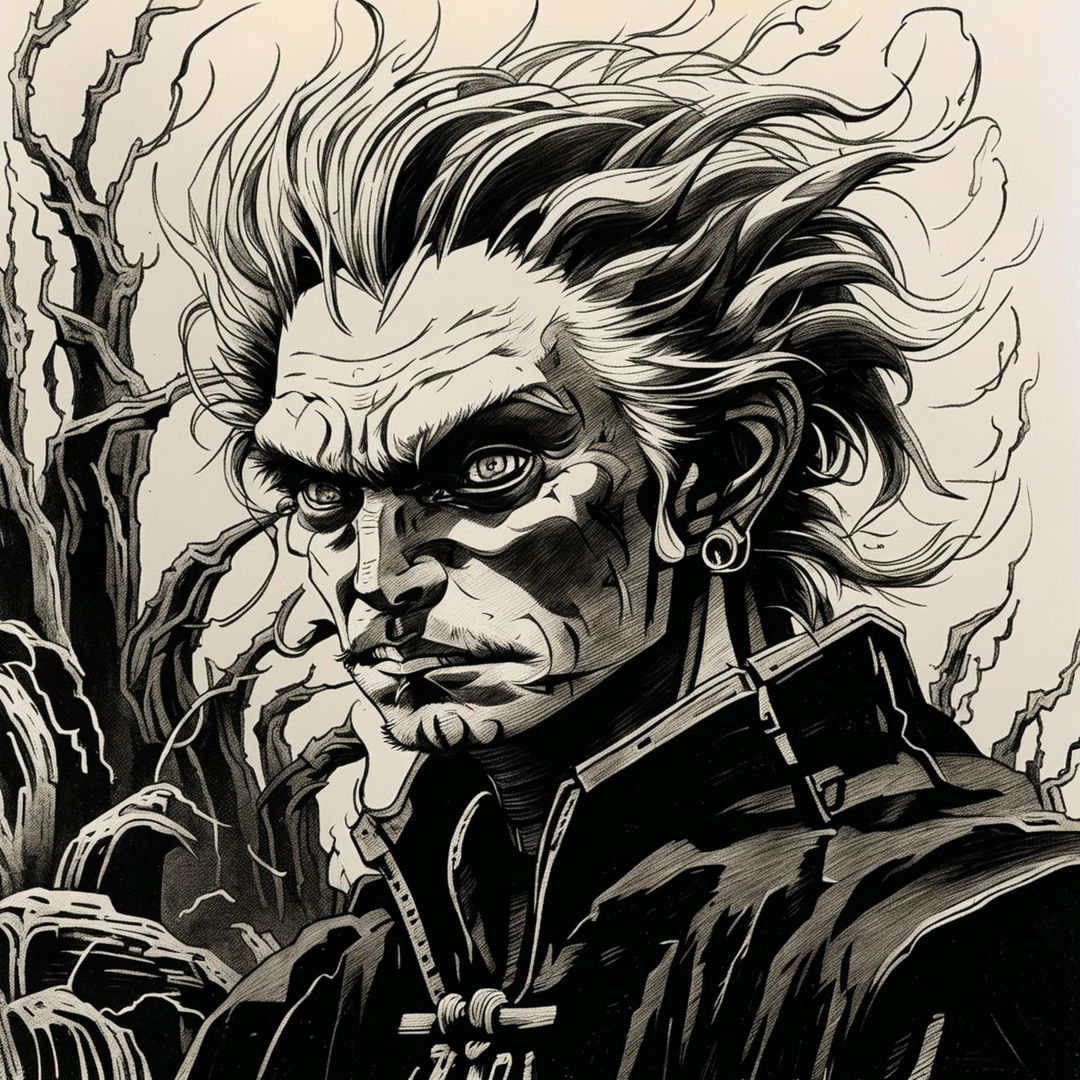 A detailed pencil sketch of Rengoku's father in his old age, in 90s anime style with fiery hair, intense eyes, traditional earrings, and a blazing fire in the background.