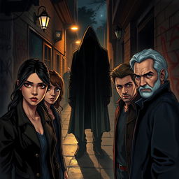A tense and dramatic scene depicting four characters - Emilia, Kieran, Daniel, and Victor - confronting a shadowy mafia figure in a dimly lit urban alley at night