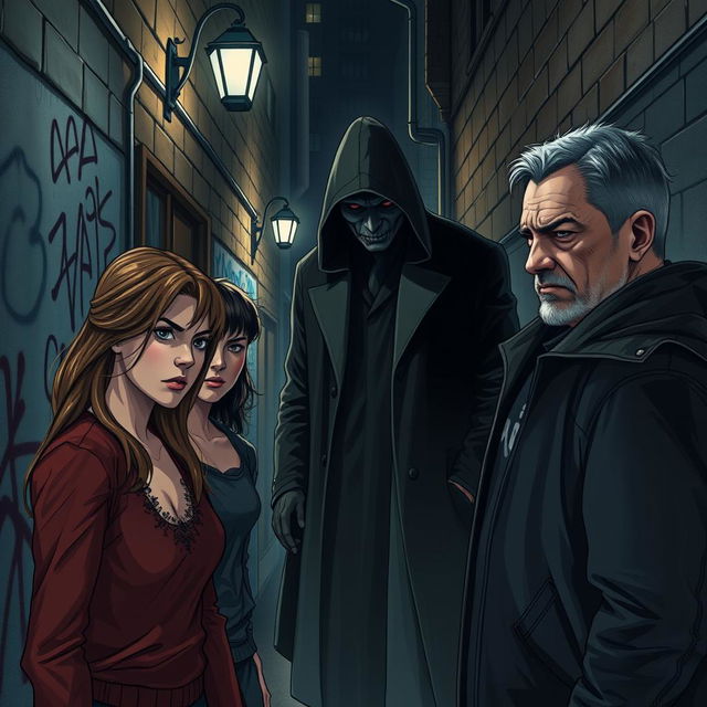 A tense and dramatic scene depicting four characters - Emilia, Kieran, Daniel, and Victor - confronting a shadowy mafia figure in a dimly lit urban alley at night