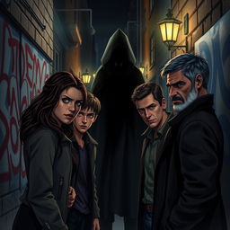 A tense and dramatic scene depicting four characters - Emilia, Kieran, Daniel, and Victor - confronting a shadowy mafia figure in a dimly lit urban alley at night