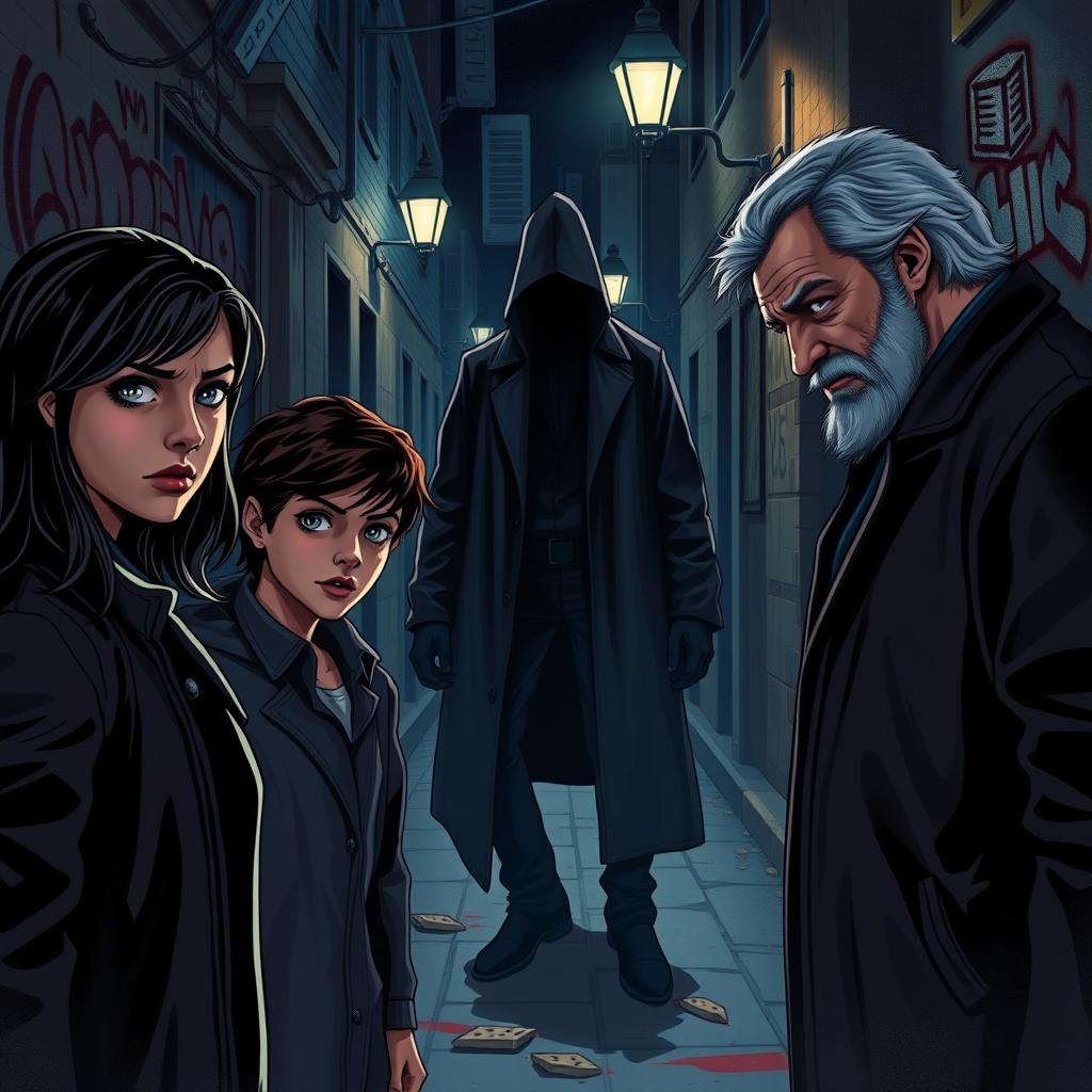 A tense and dramatic scene depicting four characters - Emilia, Kieran, Daniel, and Victor - confronting a shadowy mafia figure in a dimly lit urban alley at night