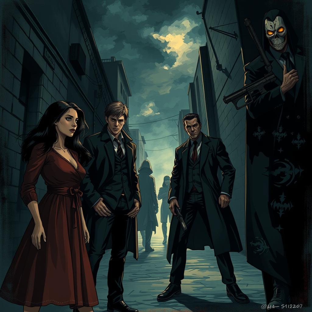 A dramatic scene set in a gritty urban environment illustrating a tense confrontation between four characters: Emilia, Kieran, Daniel, and Victor