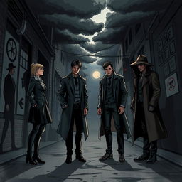 A dramatic scene set in a gritty urban environment illustrating a tense confrontation between four characters: Emilia, Kieran, Daniel, and Victor