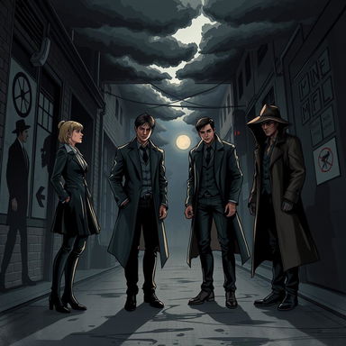 A dramatic scene set in a gritty urban environment illustrating a tense confrontation between four characters: Emilia, Kieran, Daniel, and Victor