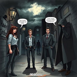 A dramatic scene set in a gritty urban environment illustrating a tense confrontation between four characters: Emilia, Kieran, Daniel, and Victor