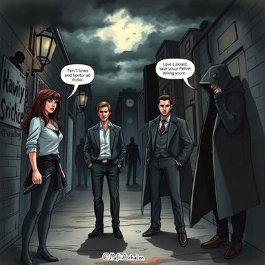 A dramatic scene set in a gritty urban environment illustrating a tense confrontation between four characters: Emilia, Kieran, Daniel, and Victor
