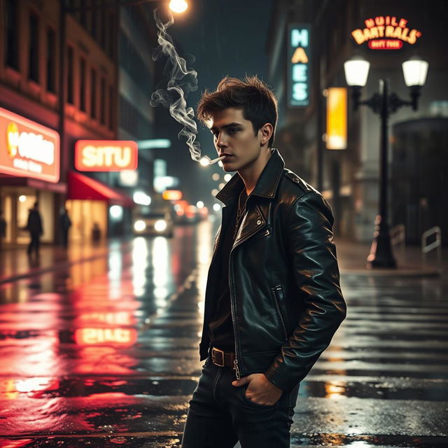 A cinematic scene depicting a stylish person exhaling smoke from a cigarette, standing under a streetlight on a rainy night