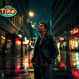 A cinematic scene depicting a stylish person exhaling smoke from a cigarette, standing under a streetlight on a rainy night