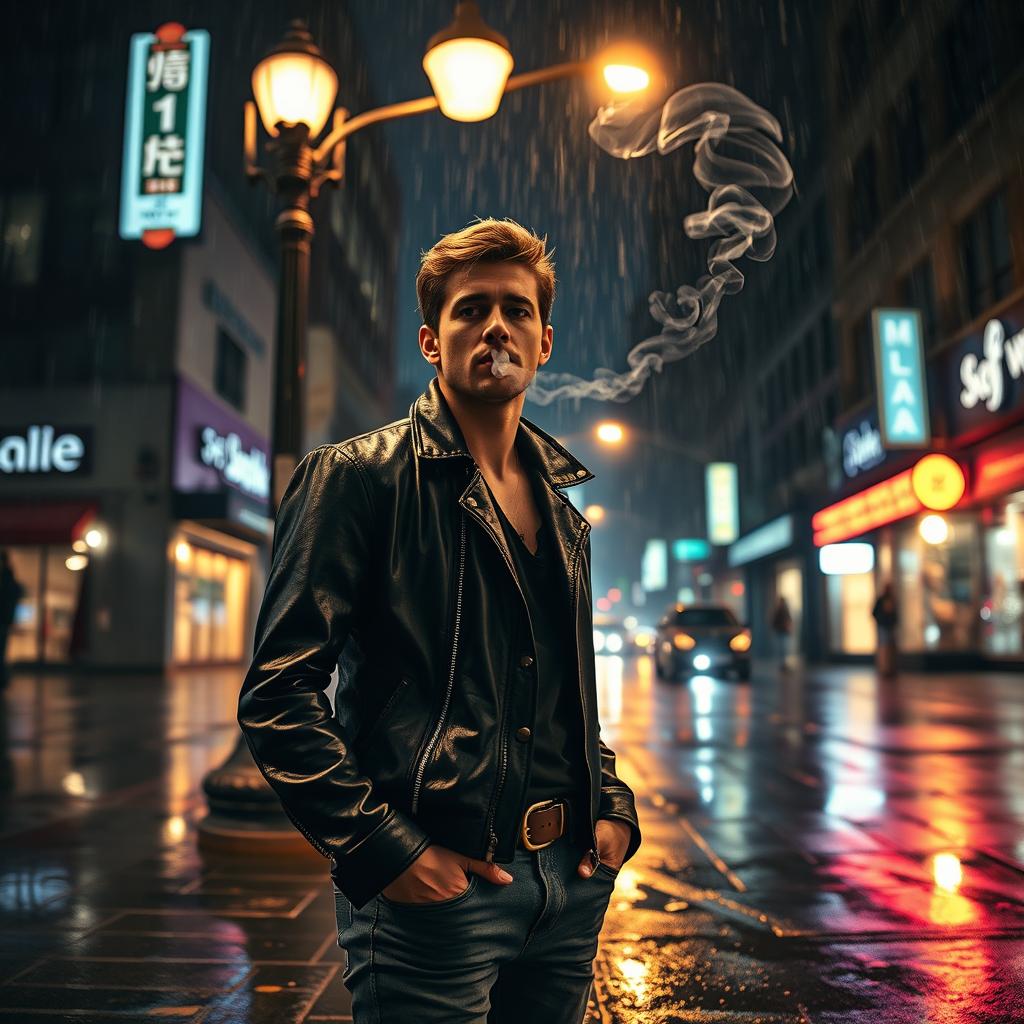 A cinematic scene depicting a stylish person exhaling smoke from a cigarette, standing under a streetlight on a rainy night