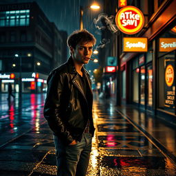 A cinematic scene depicting a stylish person exhaling smoke from a cigarette, standing under a streetlight on a rainy night