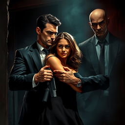 A dramatic and romantic scene depicting a strong bond between a brave girl and a suave secret agent