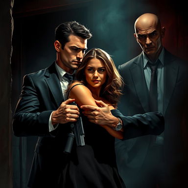 A dramatic and romantic scene depicting a strong bond between a brave girl and a suave secret agent