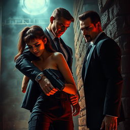A dramatic and romantic scene depicting a strong bond between a brave girl and a suave secret agent