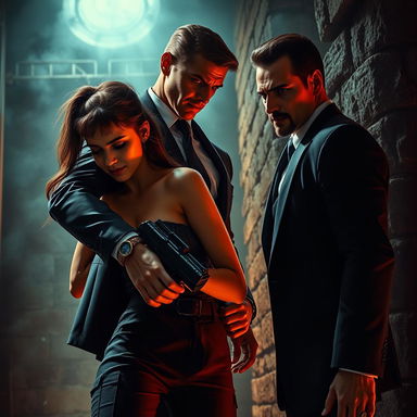 A dramatic and romantic scene depicting a strong bond between a brave girl and a suave secret agent