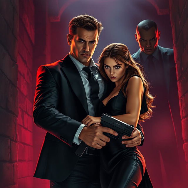 A dramatic and romantic scene depicting a strong bond between a brave girl and a suave secret agent