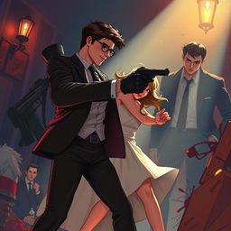 A thrilling and romantic illustration capturing the love story between a courageous girl and a dashing secret agent